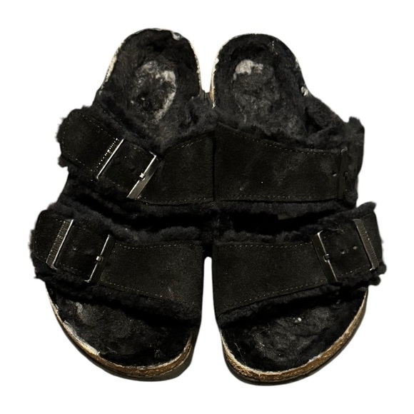 Birkenstock Arizona Two Strap Black Buckle Shearling Sandals Size 37 - Picture 1 of 5